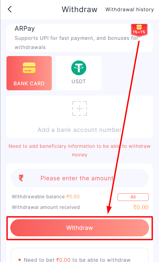 Add bank account details and withdraw